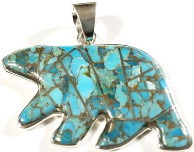 925 STERLING SILVER MATRIX TURQUOISE BEAR 1 3/8" x 1 5/8" PENDANT 8.5g - Image 1 of 4