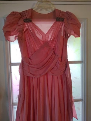 Vintage 40's Silk Chiffon Rose Evening Dress, Cap Sleeves, Taffeta Attached...M - Image 1 of 4