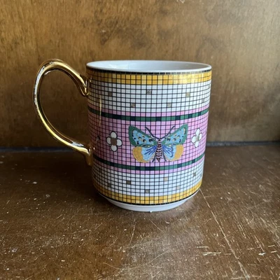 Caneca de café ANTHROPOLOGIE bistrô borboleta azulejo ouro 24K decalcada vitrificada - Imagem 1 de 4