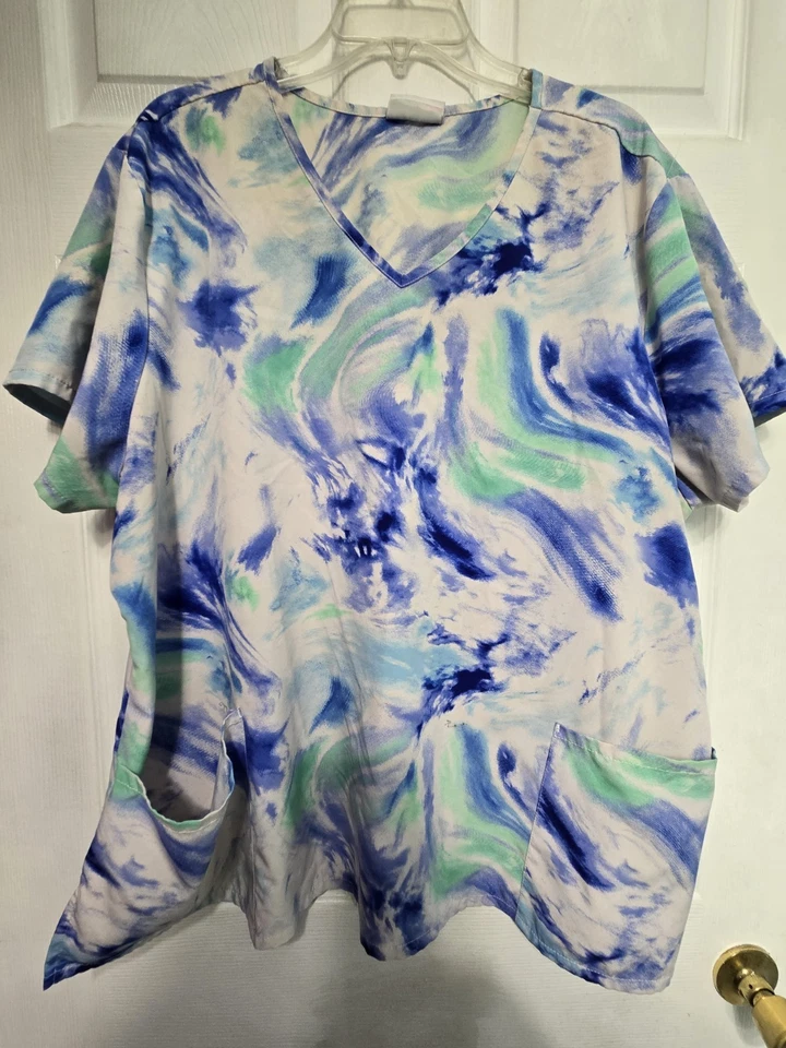 Scrubstar Scrub Top size 3XL-Blue/Green/Grey Tie-Dye Style-chest 29.5"/L 28" - Image 1 of 4
