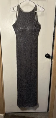 Vestido de noche Scala 100 % seda largo con cuentas lentejuelas azul marino talla pequeño Foto 1 de 4