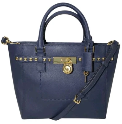 Bolso de Mano Michael Kors HAMILTON Azul Marino Cuero Saffiano Tachonado al Hombro Foto 1 de 4