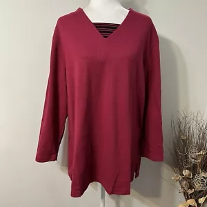 Bechamel Women V-neck Long Sleeve Knit Tunic Top Dark Red Stripe Cotton Blend XL - Picture 1 of 5