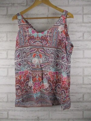 Rockmans womens top blouse pink blue floral print 14 v-neck spaghetti strap - Image 1 of 4