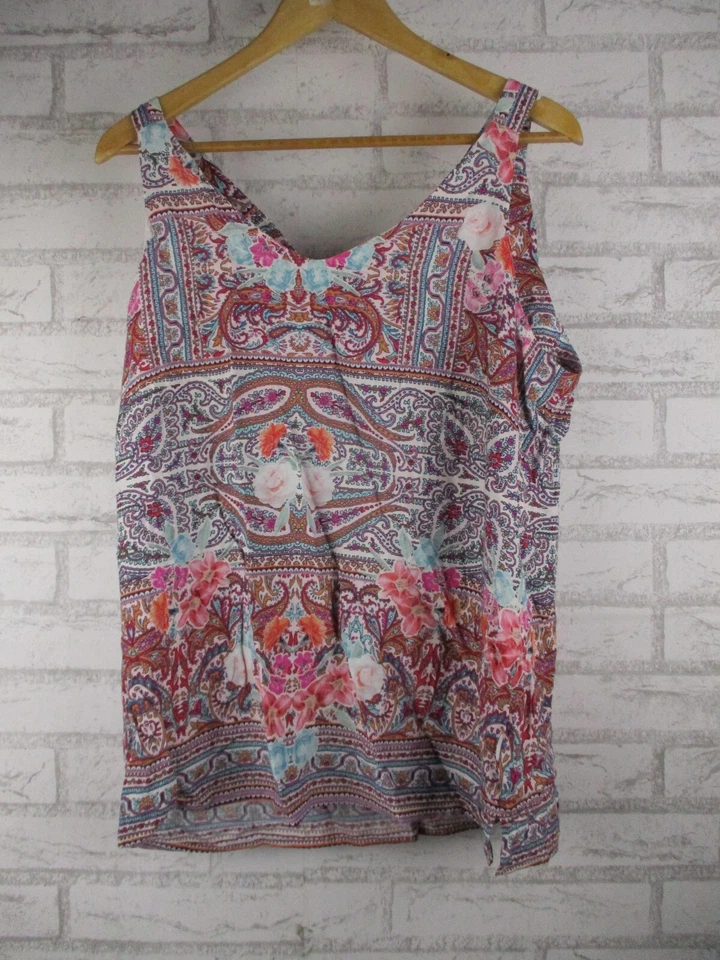 Rockmans womens top blouse pink blue floral print 14 v-neck spaghetti strap - Image 1 of 4