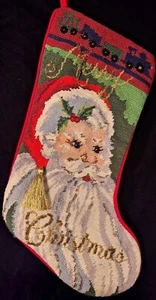Vintage Nadelspitze Weihnachtsstrumpf mit Weihnachtsmann und "Frohe Weihnachten" - Bild 1 von 16