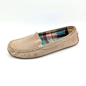 Women's Size 11 L.L. Bean Suede Moccasin Slippers in Taupe Whip Stitch Plaid