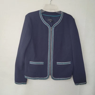 Chaqueta Blazer Talbots Azul Marino Tejida Texturizada con Borde Verde Azulado y Blanco - Talla 12 Foto 1 de 4