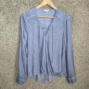 Blusa UMGEE Top Mujer Pequeña Azul Cambray Con Cordones Manga Larga Informal Damas - Imagen 1 de 7