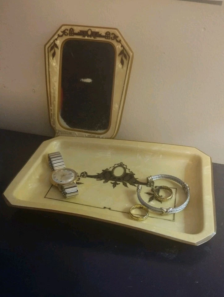 Art Deco Amber Celluloid Pearlescent Valet & Mirror Antique Vanity Set Trinket  - Image 1 of 4