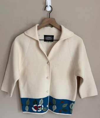 Wool Cardigan Vintage Sweater Knit Embroidered 50s 60s Womens Size Small 34 - Image 1 of 4