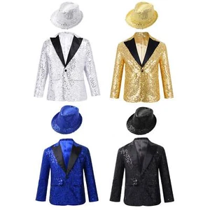 Kids Boys Tuxedo Suit Dress Up Gentleman Outfit Sparkly Jacket With Hat Shiny - Picture 1 of 57