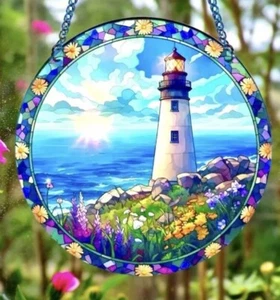 LIGHTHOUSE Faux Stained Glass Acrylic Sun catcher New - Picture 1 of 3