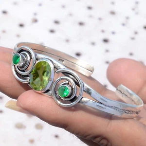 Green Peridot, Diopside Gemstone Bracelet 925 Sterling Silver Cuff Man's Jewelry - Picture 1 of 8