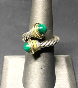 925 STERLING SILVER AND MALACHITE BYPASS CABLE RING ADJUSTABLE SIZE - Picture 1 of 6
