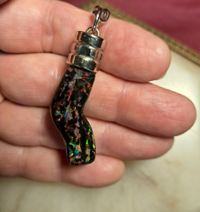 Huge Colorful Indonesian Wood Opal Fossil Pendant Alpaca Silver Red &Green Flash