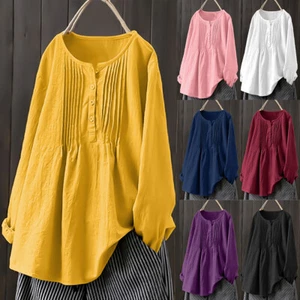 Women Button Plain Tunic Tops Pullover Long Sleeve Casual Loose T-Shirt Blouse - Picture 1 of 31