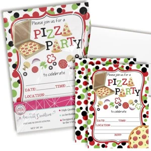 Pizza Party Birthday Invitations for Kids 5x7 Fill-In Cards 20 Pack Envelopes - Picture 1 of 9