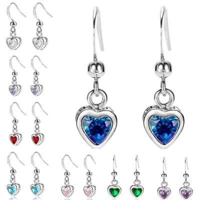 Real WHITE GOLD Finish Drop Dangle Earrings, 6mm HEART CUT Gems CRUISE BOXD - Image 1 of 2