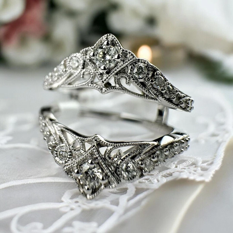 Anillo de boda envolvente potenciador 925 chapado en oro blanco 14k moissanita corte redondo de 1,10 quilates Foto 1 de 1