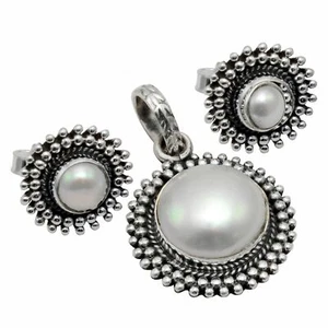 Pearl Solid 925 Sterling Silver Pendant + Earrings Set Jewelry ST-055 - Picture 1 of 1