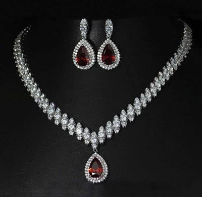 Juego de aretes collar tenis rojo enchapado en oro blanco de 18k hechos con cristal de Swarovski Foto 1 de 4