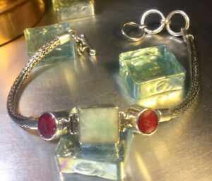 Genuine 925 Sterling Silver Natural Emerald & Ruby Adjustable Bracelet