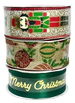 Celebrate It 3 Rolls Christmas Wired Ribbon Burlap Nutcracker & Gold Embossed - Image 1 of 4