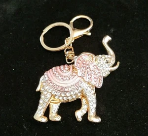 Pink & Gold Tone Rhinestone Elephant Bag Charm Keychain Trunk Up - Picture 1 of 4