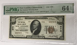 1929 Type 2 $10 National Currency New London Connecticut PMG 64 CU EPQ Fr#1801-2 - Picture 1 of 2