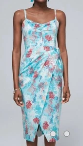 WHBM Ocean Coral Print Faux Wrap Sateen Midi Dress Blue Size 16 Sweetheart Neck - Picture 1 of 13