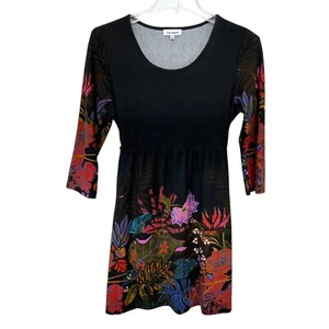 Sz M Serengeti Dress Women Tunic 3/4Long Sleeve Stretch Cottagecore Floral Black - Picture 1 of 11