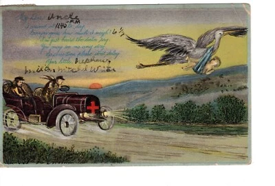 Anuncio de nacimiento-People in Car Chase Cigüeña con bebé-Tarjeta postal artística vintage de 1914 Foto 1 de 2