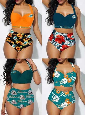 Miami Dolphins Womens 2PCS Halter Low Cut Swimsuit High Waist Bikini Beachwear Cover