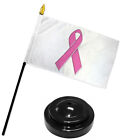 Pink Ribbon White Breast Cancer 4"x6" Flag Desk Table Plastic Stick Black Base