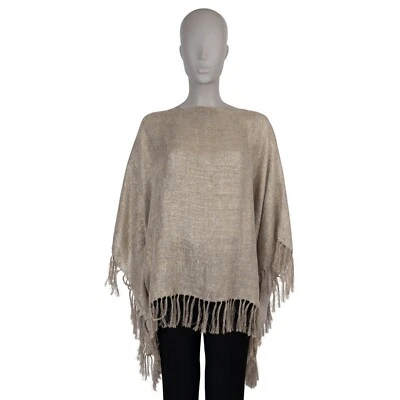 70628 auth BRUNELLO CUCINELLI taupe & gold linen 2021 FRINGED PONCHO Sweater OS - Image 1 of 4