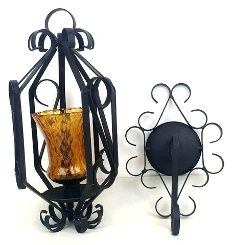 Vintage Gothic Wrought Iron Wall Hanging Candle Lamp 12" w/Amber Glass Votive Cover