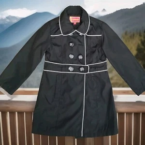Dollhouse Trench Coat Girls M (5 /6) Black with White Piping Double Breasted - Picture 1 of 12