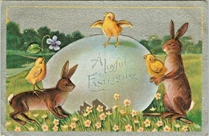 Rabbits Celebrate with Chicks Giant Egg Vintage Joyful Easter Embossed Postcard  - Picture 1 of 2
