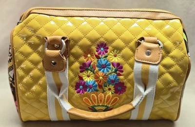 Vintage Rare Purse Bright Yellow With Accent Flowers Plastic Coated - Image 1 of 4