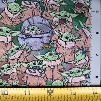 Baby Yoda Grogu With Mug & Eating Frog 8"x13" Stretchy Cotton Fabric back stitch - Image 1 of 4