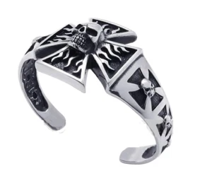 Stainless Steel Cuff Biker Bracelet Iron Cross & Skulls 35 - Picture 1 of 1