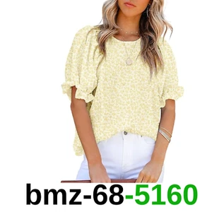Dokotoo Summer Tops for Women Cute Floral Print Crewneck Smocked Puff Sleeve,XXL - Picture 1 of 4