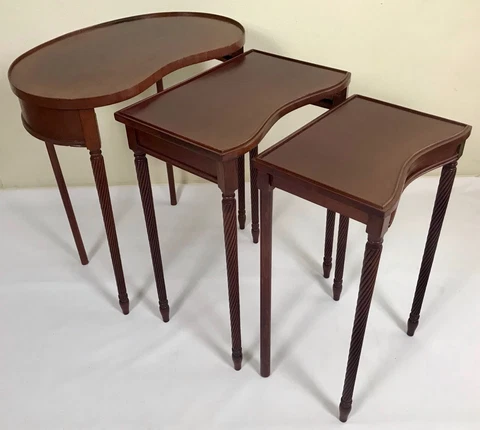 Vintage 3-Set Mahogany Kidney Shaped Nesting Tables Barley Twist Legs Glass Top Cover