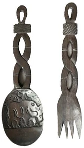 African Tribal Carved Wooden Fork Spoon Salad Servers Dark Wood - Picture 1 of 2