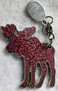2013 Pink Glitter Moose Metal Keychain 2x2" Silver Backing W/Short Chain+Decor - Picture 1 of 4