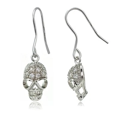 Sterling Silver Cubic Zirconia Skull Head Dangle Earrings - Image 1 of 3