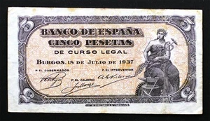 SC Spain- Guerra Civil. 5 Pesetas. Burgos. 1937. MBC/VF. Serie B. ESCASO - Imagen 1 de 2