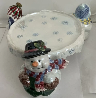 Pedestal Centerpiece Snowmen Snowflake Enesco Glazed Ceramic 7” Light Blue Decor - Image 1 of 4
