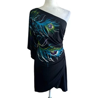 Bisou Bisou Vtg Y2K 2000s Black Peacock Feather One-shoulder Dress Womens 12 - Image 1 of 4